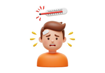 Isolated Sick Man with Headache and Thermometer