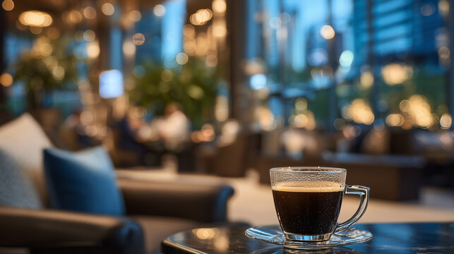 Rich dark coffee in a crystal-clear cup, condensation faintly visible, placed on a sleek glass table. In the background, out-of-focus figures mingle and chat amid plush leather cha