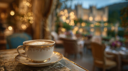 Close-up of a steaming latte in an elegant ceramic cup, placed on a lacquered table. Out-of-focus guests chat comfortably in the background, wrapped in warm golden light that enhan