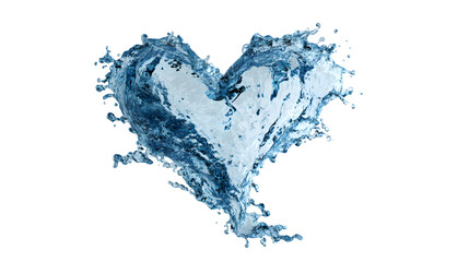 Heart-shaped water splash forming mid-air on a white background