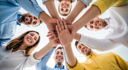 A low-angle view of a diverse team putting their hands together in a huddle, smiling. Perfect for symbolizing unity, teamwork, and shared success