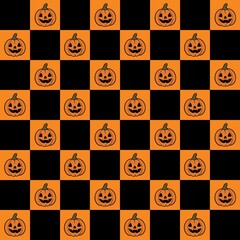 Seamless orange and black checkerboard pattern featuring smiling Halloween pumpkins. Ideal for seasonal backgrounds, festive decorations, wrapping paper, and spooky-themed designs.