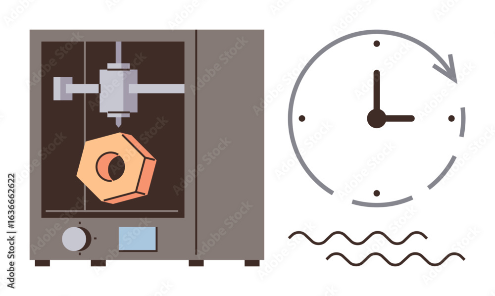 Poster 3d printer crafting an object next to a clock with an arrow, indicating time management, productivit