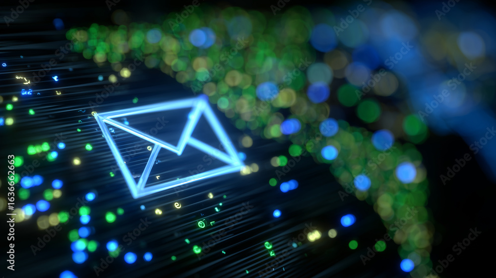 Poster close-up of a radiant email envelope icon emitting soft blue and green light, surrounded by encrypte