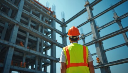 Engineer wearing hard hat, safety vest inspects concrete, steel building structure under construction. Focus on quality control, safety protocols, adherence to construction standards. Pro oversight