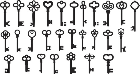 Vintage keys collection, antique key designs, ornate key shapes, decorative keys, unique key styles, retro key patterns, classic key silhouettes
