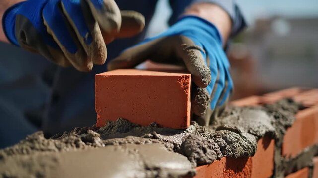 Bricklaying, construction and hands with gloves working with red bricks and cement mortar for building wall at construction site. Worker, masonry and contractor building house structure with precision