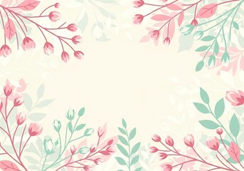 Floral frame with pink buds green leaves and a light cream background