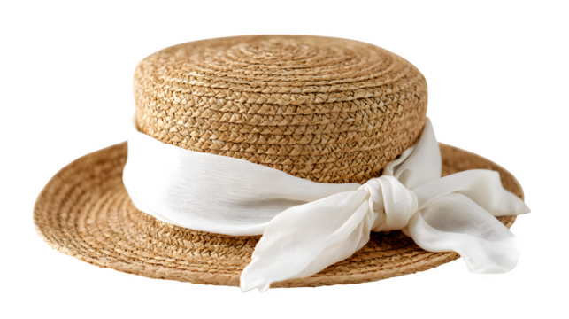 Straw summer hat with ribbon detail on a white background