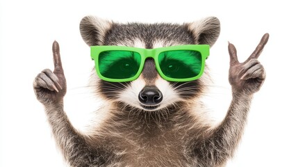 Fototapeta premium Raccoon wearing green sunglasses shows victory sign and points finger up on white background