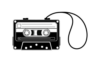 Vintage Cassette Tape Illustration in Black and White Nostalgic Audio Technology Representation