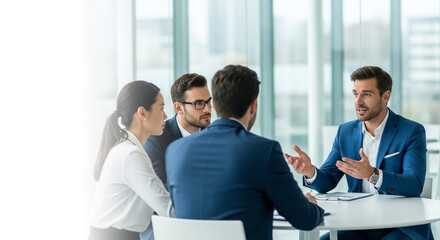 A businessman in a blue suit leads a dynamic discussion with his colleagues during a team meeting. Perfect for showcasing leadership and active collaboration