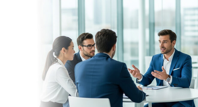 A businessman in a blue suit leads a dynamic discussion with his colleagues during a team meeting. Perfect for showcasing leadership and active collaboration - Powered by Adobe
