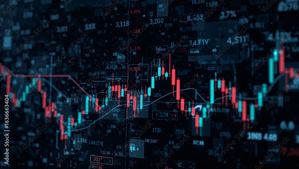 Poster digital trading waves: an abstract, data-driven visual of fluctuating stock market trends. this imag