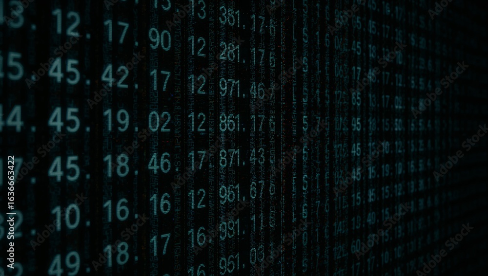 Poster cyber data stream: a close-up view of a monitor or screen reveals a dynamic stream of numerical data
