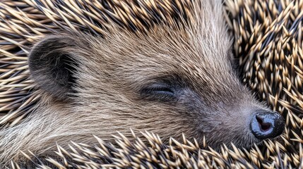 Hedgehog sleeps peacefully curled within its protective spikes displaying gentle snout detail