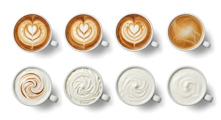 Eight coffee cups with latte art designs isolated on white background