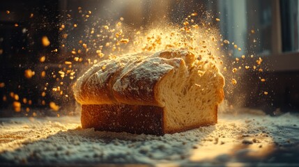 Fresh bread exploding in flour