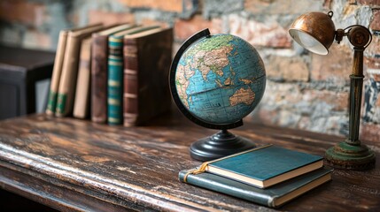 A study desk featuring a globe, travel books, and a language notebook.