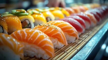 Fresh sushi rolls in various colors and textures