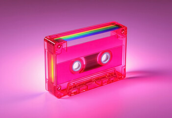 1980s neon pink plastic audio cassette with a rainbow label on a neon pink background