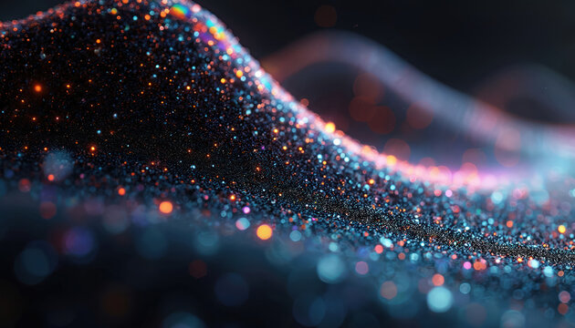 Abstract glowing particle wave with chromatic VHC grain texture. Holographic light waves flow over futuristic digital black background. Iridescent spectrum of colorful bokeh lights creates dazzling,