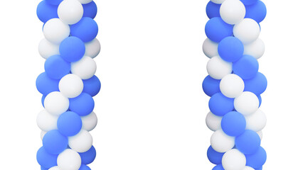 Festive blue and white balloon columns creating a decorative frame for a party or celebration, isolated on a transparent background.