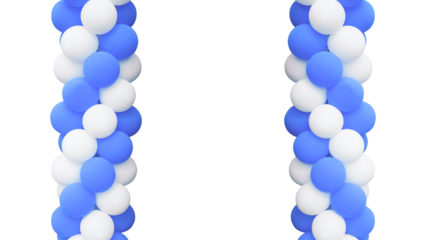 Festive blue and white balloon columns creating a decorative frame for a party or celebration, isolated on a transparent background.