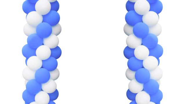 Festive blue and white balloon columns creating a decorative frame for a party or celebration, isolated on a transparent background.