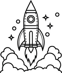 Detailed Rocket Launching into Space Black and White Outlined Drawing Cartoon Featuring Stars, Circles, and Puffs of Smoke