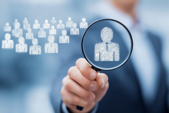 A hand holds a magnifying glass, focusing on a single user icon among a crowd. This symbolizes the meticulous process of searching for and identifying the right person, talent acquisition.
