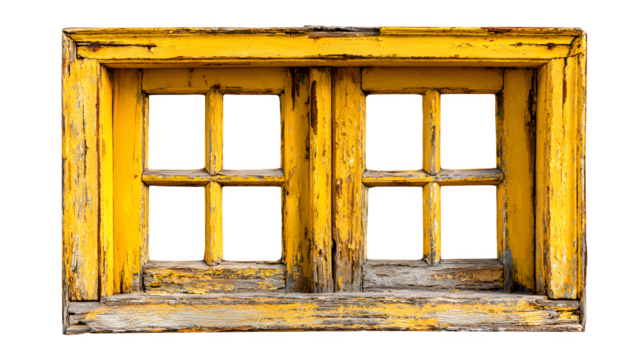 Yellow rustic window frame on white background
