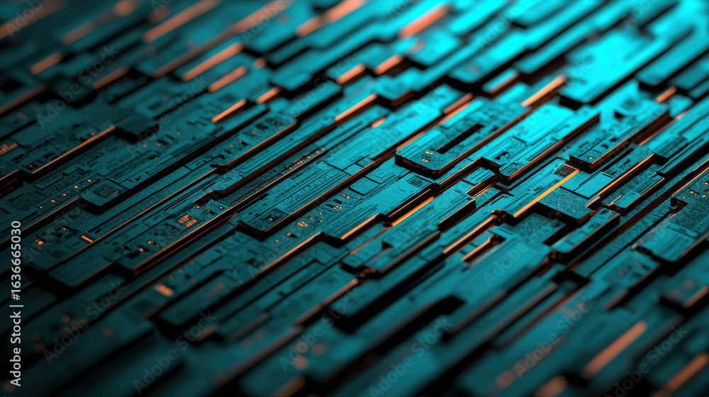 Poster abstract technology background with intricate circuit pattern and vibrant blue and orange lighting f