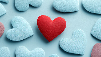 Obraz premium Striking contrast of a red heart surrounded by pastel blue — a metaphor for passion, individuality, and deep emotional bonds in a romantic setting.