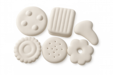 Variety of plain white cookies with different shapes, creating a simple yet appealing visual on a transparent background