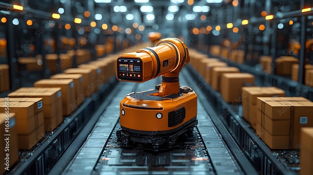 Poster automated warehouse robot efficiently sorting parcels on conveyor belt