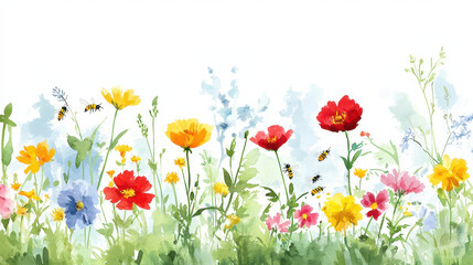 Fototapeta premium Vibrant watercolor painting of colorful wildflowers in lush green field, showcasing variety of blooms and bees buzzing around