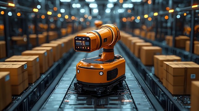 Automated warehouse robot efficiently sorting parcels on conveyor belt
