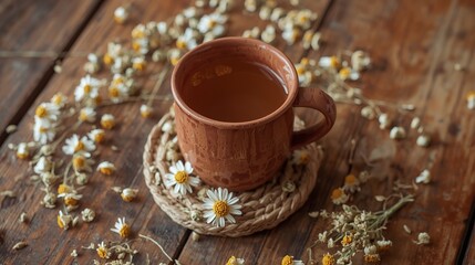 Warm cup of chamomile tea surrounded by dried flowers on a rustic wooden table