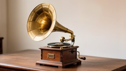 Vintage Gramophone Mockup with Blank Label and Brass Horn