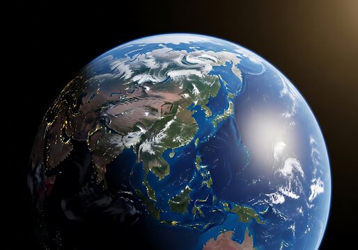 Majestic view of earth from space showcasing asia and the pacific ocean with city lights visible