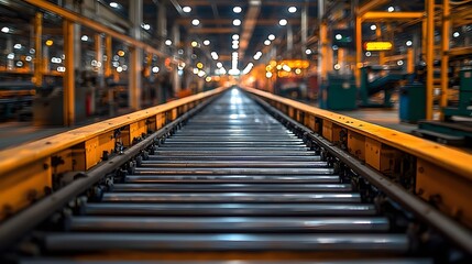 Fototapeta premium Automated conveyor systems in a bustling warehouse facility long title A highly organized and efficient warehouse with an intricate network of