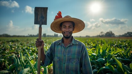 Farmer in a straw hat holding a shovel in a lush green field