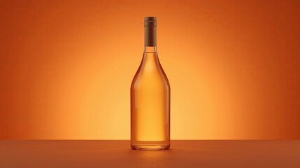 Clear glass bottle with golden liquid against a warm orange gradient background