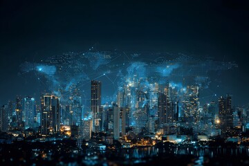 City skyline overlayed digital world map business globalization theme night urban environment