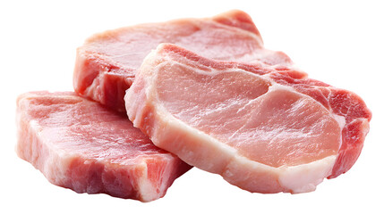 Pile of raw pork chops top view on white background