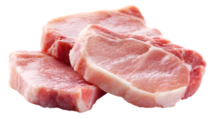 Pile of raw pork chops top view on white background
