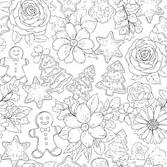 Fototapeta premium christmas, flower, pattern, floral, seamless, vector, decoration, illustration, wallpaper, ornament, vintage, design, rose, nature, art, texture, leaf, flowers, pink, summer, plant, card, element, dec