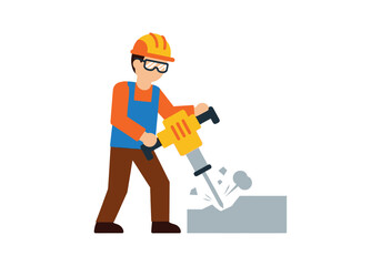 A male construction worker in safety gear diligently operates a heavy-duty jackhammer, breaking apart a solid concrete surface.