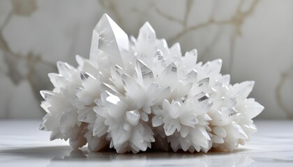 Stunning close-up of a sparkling white quartz crystal cluster, reflecting light beautifully.